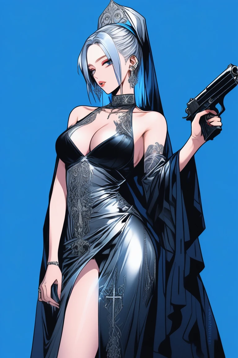 Illustrator, anime , Realistic ,sketch , 1 person, model, Age 25, lip, Sexy and revealing black and silver sheer priest dress（Holy Gun）, order, Blue gradient background, Neon Hair, Big Breasts, Her cleavage is visible, look back, Upper Body, Sexy look, Texture Trim, Russia, (masterpiece,Highest quality)
