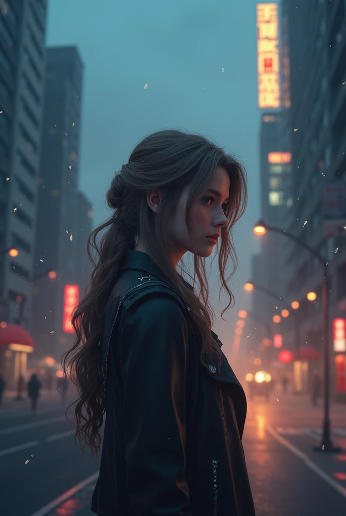 masterpiece, Best Quality, aerith Gainsborough, 1 girl, Alone, blush, two tails, by the wide, hair between the eyes, ((Street clothes)), city, outdoor, evening, movie poster, 8k extremadamente detallado, seeds, High resolution, ultra quality, cinematic lighting, ambient occlusion, High Definition, 2k, 4k, 8k, 16k, extremely detailed anime, Detailed faces, perfect composition, plano general, atmospheric lighting, very sexy, lift skirt, random lower back angle, uncensored, NSFW, uncensored