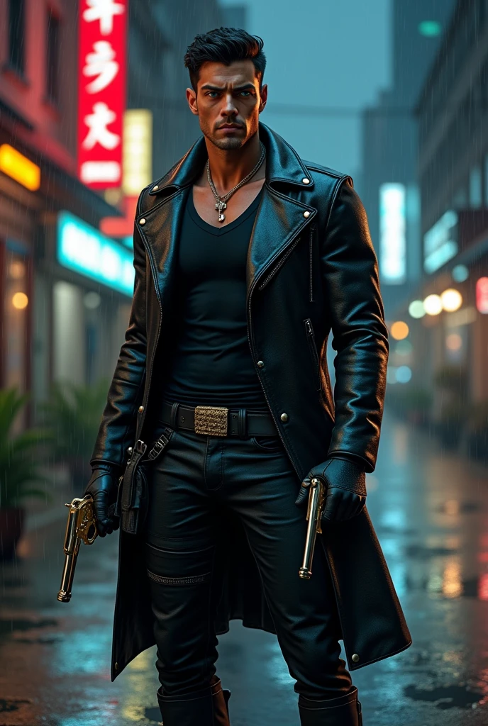 1 male, slim and athletic body, upright and confident posture. Approximately 1.80m tall. Defined but not bulky muscles. Broad shoulders, narrow waist, abdomen with visible "six-pack". Light skin with a light tan. Short black hair. Slightly wavy texture, shiny and well-groomed. Vibrant blue eyes, large and expressive. Well-defined but natural eyebrows. Straight and proportional nose. Well-defined lips, serious but alert expression. Wearing a black leather overcoat, knee-length, open in the front. Underneath, a tight black V-neck t-shirt. Slim-fit black pants made of resistant material. Black combat boots up to the ankle, with metallic details. Two pistols, one on each side of the leg, attached to black tactical holsters. The weapons are two revolvers in the style of the old west gunslinger, one silver and one gold with black reflector. Carrying a black, single-sided cowboy leather bag made of sturdy material, with an adjustable strap across the chest. The bag has multiple compartments and metal clasps. Posture: Standing, leaning sideways, one hand close to one of the pistols, looking straight ahead. Setting: Dark, rainy urban street, neon lights reflecting off puddles.