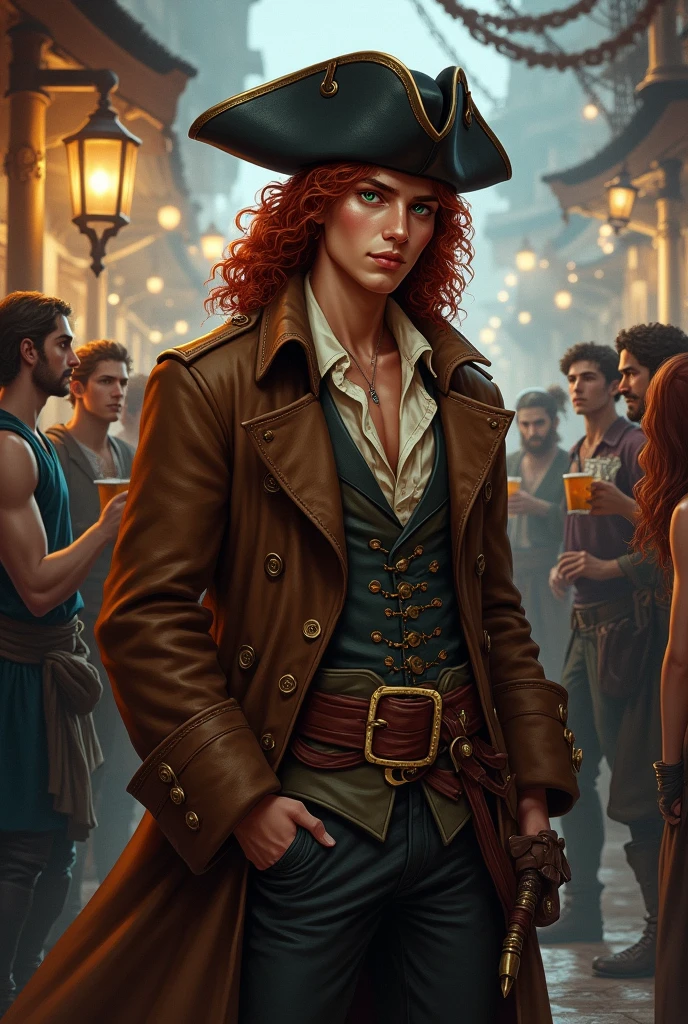 A young pirate, full body DnD style. A pirate, with long, curly dark red hair, and dark green eyes. He wears a brown pirate trench coat with a light unbuttoned shirt and a damaged vest., on his head an old damaged black leather hat. Around his waist he wears a sash with a belt and two pirate cutlasses on top.. He is having fun drinking with a cheerful look together with other young sailors in the pub while in the background there are various ships of a pirate port.