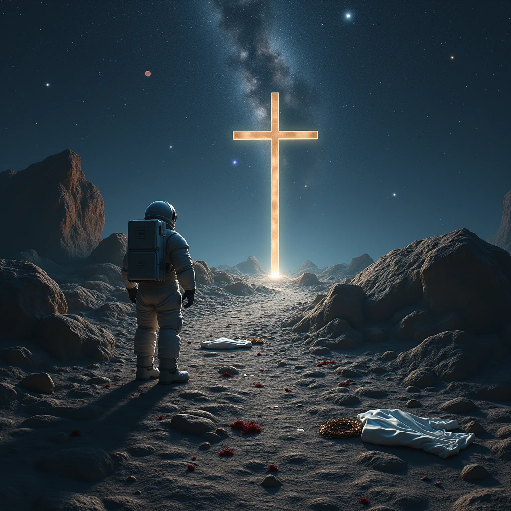 in outer space, stars , galaxies , planets , a rocky path with small drops of blood,a tunic thrown on the ground, A crown of thorns lying on the road and at the end of the road a cross , an astronaut