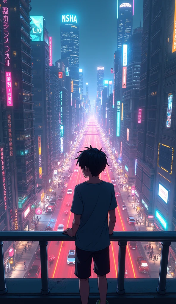 A anime teenage boy looking at the city from a balcony of a tallest among all the skyscrapers overlooking cyberpunk city(wide angle view) street scene with full of neon lights, and futuristic buildings, featuring a futuristic neon streetlight city . The atmosphere is vibrant and bustling in high-tech attire, high resolution, captured in crisp detail, The background features a neon-lit cityscape, giving the cyberpunk atmosphere a touch of intimacy and tenderness, eye-level camera angle --s 500 --v 6.0 --no 3D effect, photorealistic.
