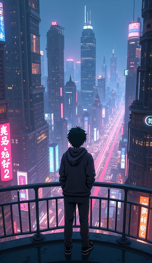 A anime teenage boy looking at the city from a balcony of a tallest among all the skyscrapers overlooking cyberpunk city(wide angle view) street scene with full of neon lights, and futuristic buildings, featuring a futuristic neon streetlight city . The atmosphere is vibrant and bustling in high-tech attire, high resolution, captured in crisp detail, The background features a neon-lit cityscape, giving the cyberpunk atmosphere a touch of intimacy and tenderness, eye-level camera angle --s 500 --v 6.0 --no 3D effect, photorealistic.
