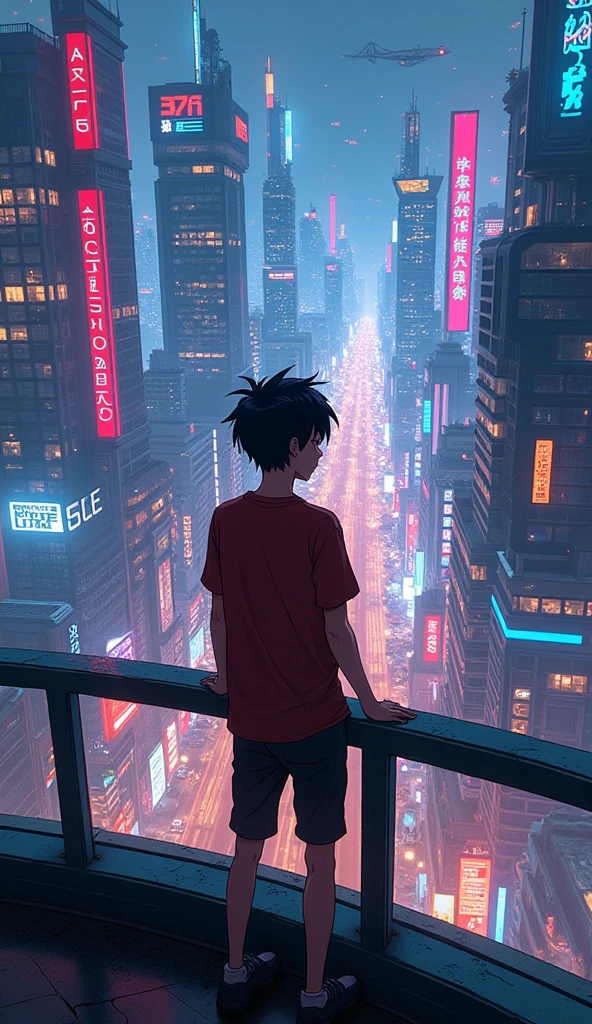 A anime teenage boy looking at the city from a balcony of a tallest among all the skyscrapers overlooking cyberpunk city(wide angle view) street scene with full of neon lights, and futuristic buildings, featuring a futuristic neon streetlight city . The atmosphere is vibrant and bustling in high-tech attire, high resolution, captured in crisp detail, The background features a neon-lit cityscape, giving the cyberpunk atmosphere a touch of intimacy and tenderness, eye-level camera angle --s 500 --v 6.0 --no 3D effect, photorealistic.