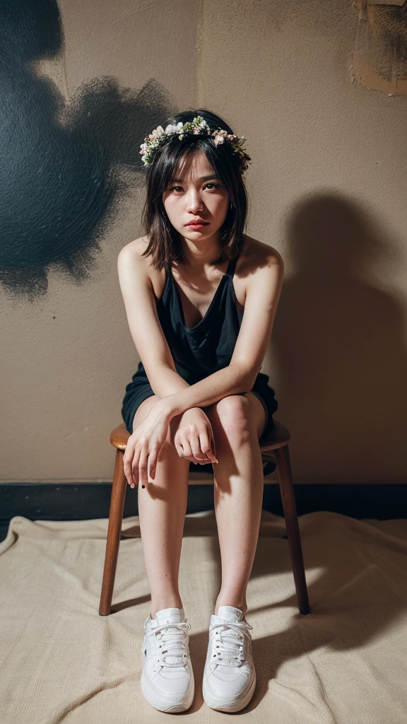 (High quality photo:1.5), 1woman, a 25y very pretty hongkong woman with (cool expression:1.2), (wearing a beauty floral crown:1.2), (sexy:1.3),sitting, (open legs:1.2), wood stool, (woolen blanket:1.4), (sneakers:1.2) (chubby:0.7), (perfect hairstyle:1.4), (natural face:1.2), natural warm soft light, (indoor:1.2), (natural pose:1.2), facing camera, (abstract paint art background:1.4), (still life fashion photography:1.5), (dark moody:1.3), dramatic, real moment, real object, (ultra highly detailed:1.5), (ultra realistic:1.5), detailed face and eyes, (real skin:1.3), (dynamic shadow:1.2), (full body view:1.2), (dynamic angle:1.2), soft focus, shot by mamiya R67, kodacrhome, surreal composition