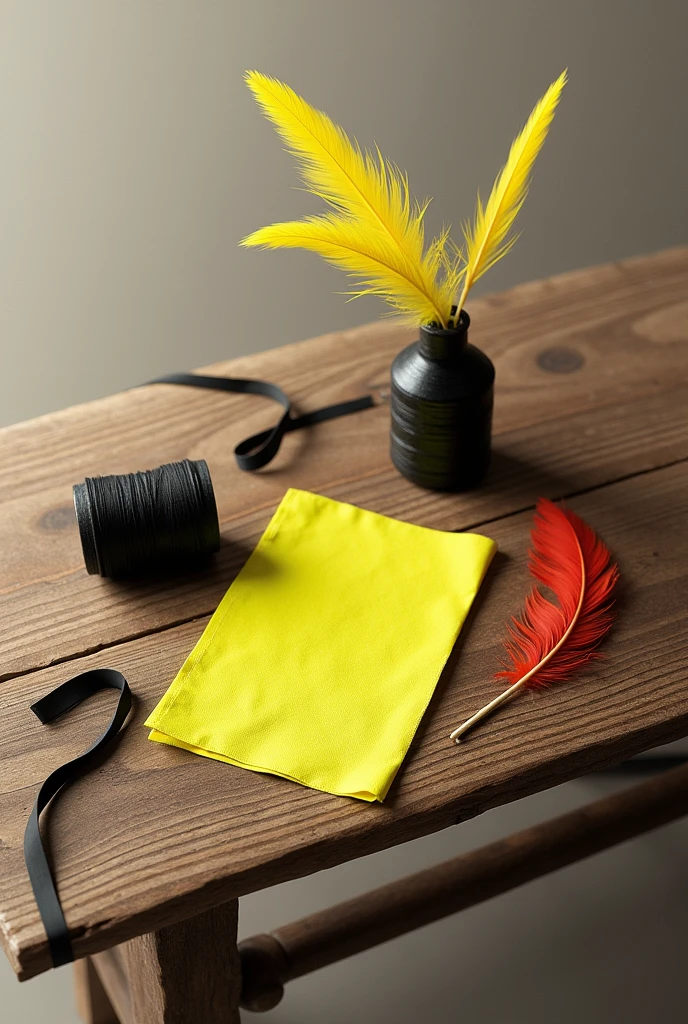 Wood table , Black thread aside, a small piece of fluorescent yellow cloth , small yellow and red feathers , thin black ribbon