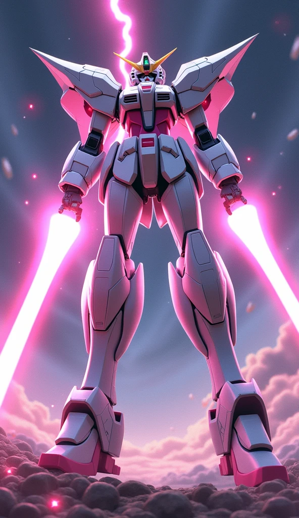 Anime Style, Giant Robot, A white and pink female super robot fighting with beams coming out of its palms　Simple Background,universe, 
