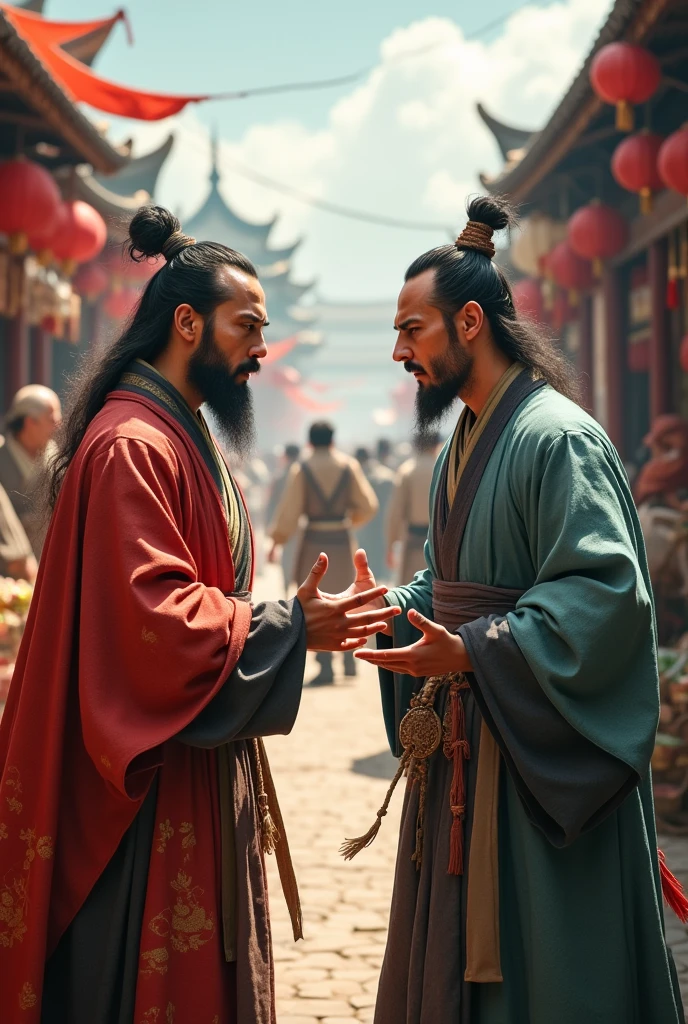 Two middle-aged Chinese men from the Han Dynasty, dressed in traditional attire from the 2nd century, are engaged in a heated debate in an outdoor market. Their clothing reflects the style of the era, with flowing robes and belts typical of Han Dynasty fashion. The market setting is bustling, with various stalls selling goods and people milling about. The expressions on the men's faces are intense, reflecting the seriousness of their argument, while the vibrant marketplace provides a lively and authentic backdrop