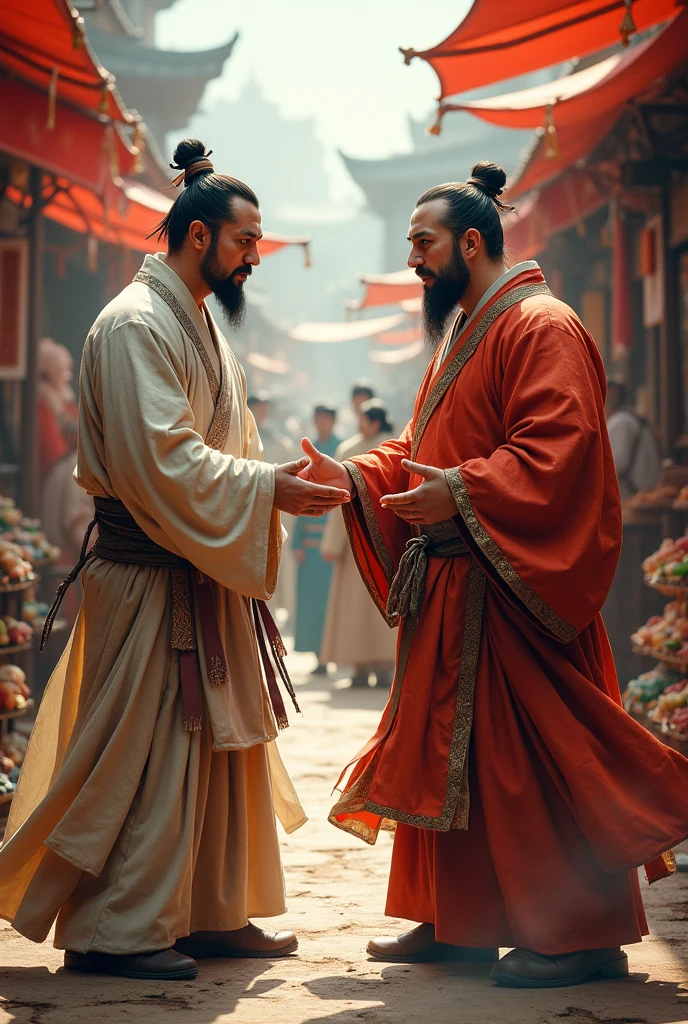 Two middle-aged Chinese men from the Han Dynasty, dressed in traditional attire from the 2nd century, are engaged in a heated debate in an outdoor market. Their clothing reflects the style of the era, with flowing robes and belts typical of Han Dynasty fashion. The market setting is bustling, with various stalls selling goods and people milling about. The expressions on the men's faces are intense, reflecting the seriousness of their argument, while the vibrant marketplace provides a lively and authentic backdrop