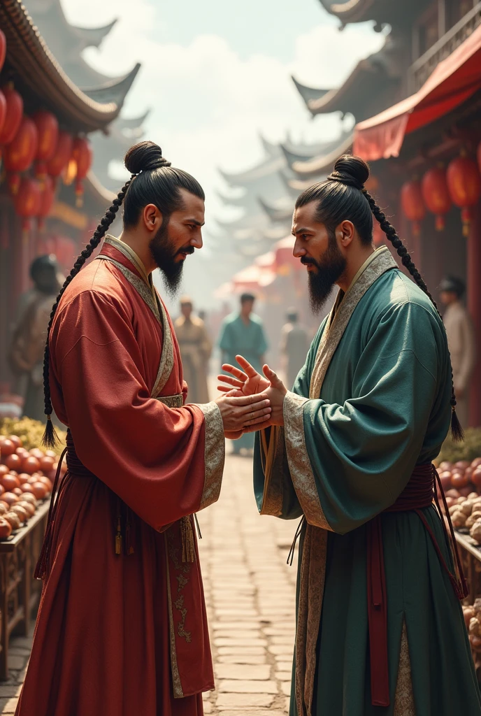 Two middle-aged Chinese men from the Han Dynasty, dressed in traditional attire from the 2nd century, are engaged in a heated debate in an outdoor market. Their clothing reflects the style of the era, with flowing robes and belts typical of Han Dynasty fashion. The market setting is bustling, with various stalls selling goods and people milling about. The expressions on the men's faces are intense, reflecting the seriousness of their argument, while the vibrant marketplace provides a lively and authentic backdrop