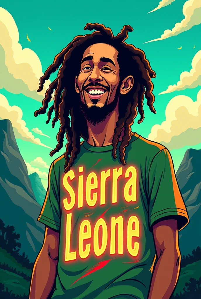 A cartoon revolutionary Bob Marley in green white and blue t-shirt with sierra leone written in gravity neons