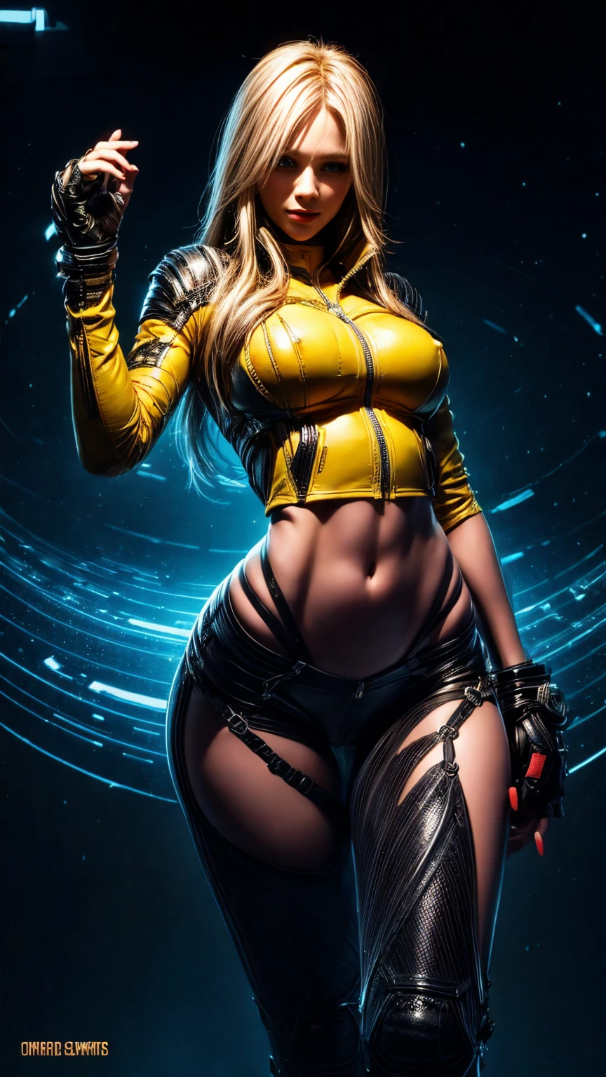 Elena from star ocean 6, long yellow hair in loose sheaf, sapphire blue eyes, (strong glutes), (perky bust), skin tight ultra-low-rise leather pants, fitted yellow jacket 3/4 cropped, (black motorcycle boots), holding futuristic weapon, in various fighting poses, highly detailed face, (intricately detailed hands), best hands, ((perfect hands)), correct anatomy, human anatomy, background of vivid colored cosmic swirls, 16k, masterpiece, award winning digital art, cinematic lighting, strong_negative, no bra