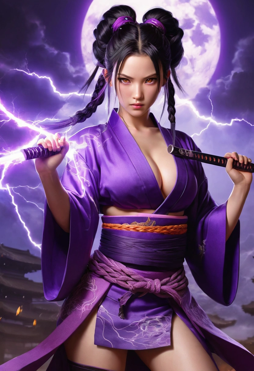 Realistic picture,Beautiful, cute, sexy, big-breasted girl,Purple eyes with lightning symbols,dark purple hair,My hair is braided to my waist with bright purple ends.,Purple kimono with beautiful bust and short skirt,She is a sexy warrior girl.,Wielding a katana,Has a slight lightning power.,Shogun's Palace