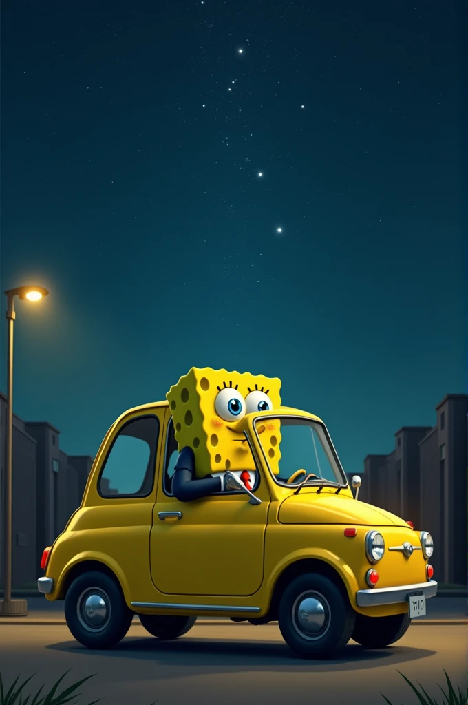 SpongeBob wearing a suit while look towards the night sky while in his car