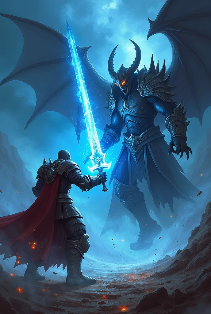 Arthas has a sword that has a blue light around it and fights against a demon that has a dark sword which he defeats. 