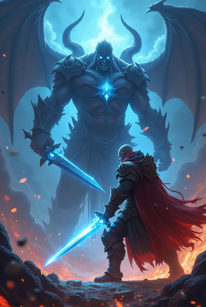 Arthas has a sword that has a blue light around it and fights against a demon that has a dark sword which he defeats. 