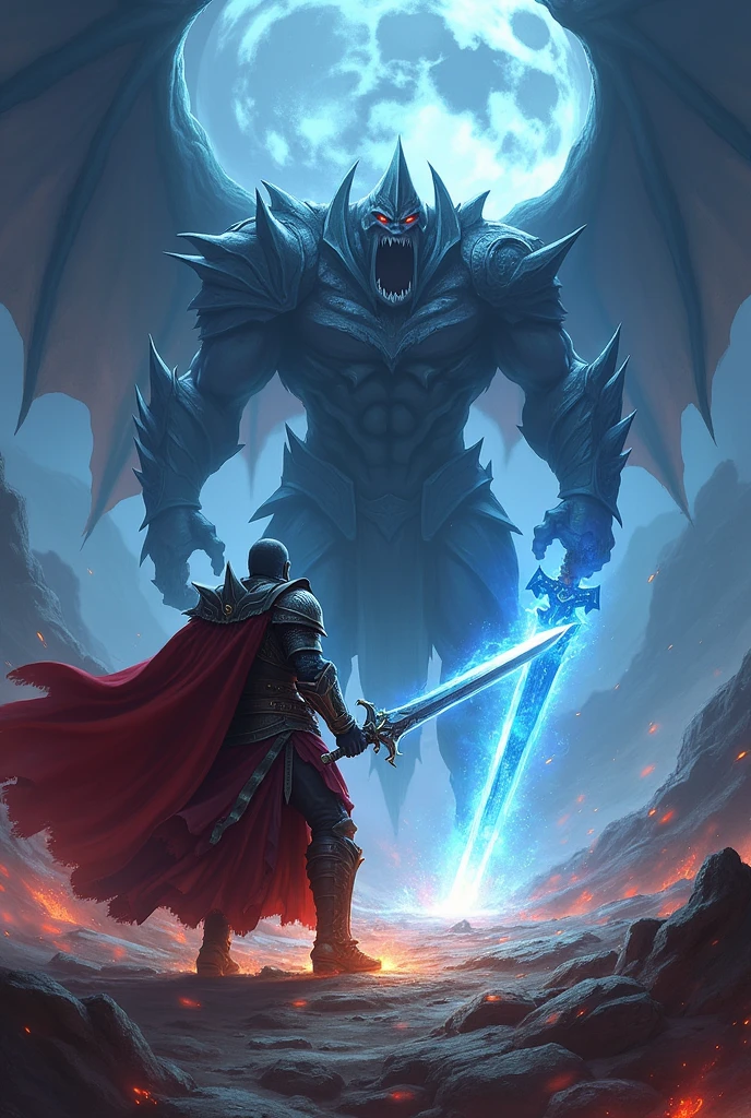 Arthas has a sword that has a blue light around it and fights against a demon that has a dark sword which he defeats. 