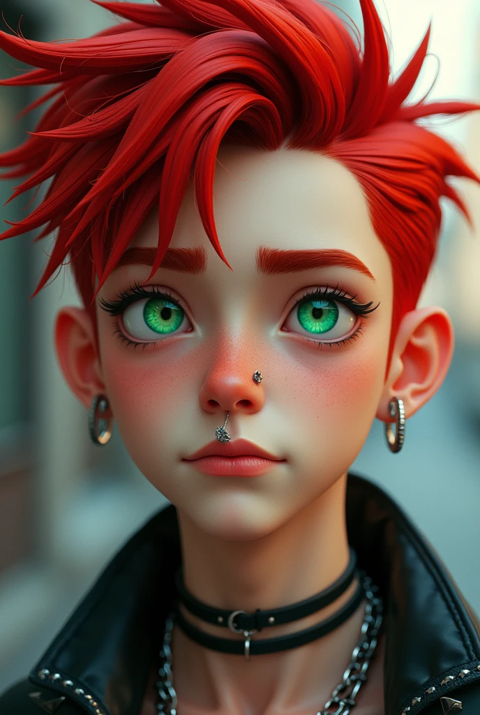 The boy, with red hair and green eyes, with an earring in his left ear and a pierced eyebrow with a septum piercing