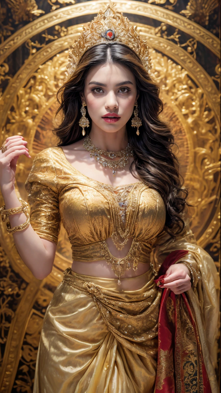 ((Best quality, 8k, Masterpiece :1.3)), Sharp focus :1.2, Generate a realistic image of a beautiful sexy Indian woman plus size body: 8.5 (masterpiece like a princess) (body like divine girl) dressed divine clothes carnation skirt and print v neck plus size blouse except hands + wide belt, adorned with traditional ornaments, standing in a well-lit room with cinematic lighting. ((Front view, random elegant pose)), and there is a sense of grace and elegance in her posture. The background should complement the scene, enhancing the overall aesthetic appeal of the image. Photography by Brandon Woelfel, Full shot: Canon EF 16-35mm f/2.8L III USM lens on a Canon EOS 9D Mark IV camera 128bit, ultra realistic, 32k, HD