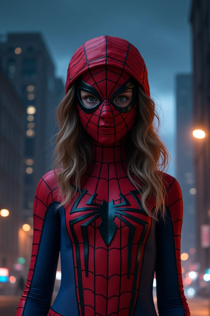 At night, girl dressed as Spider-Man