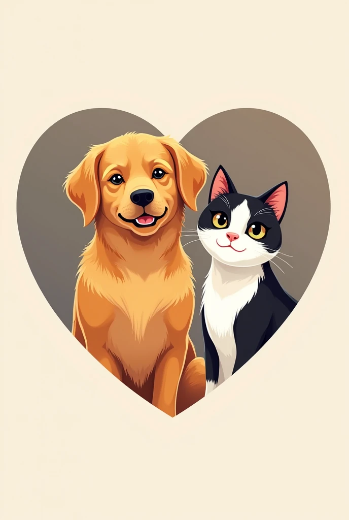 Logo of a Golden dog and a white and black cat in a not so cartoon heart
