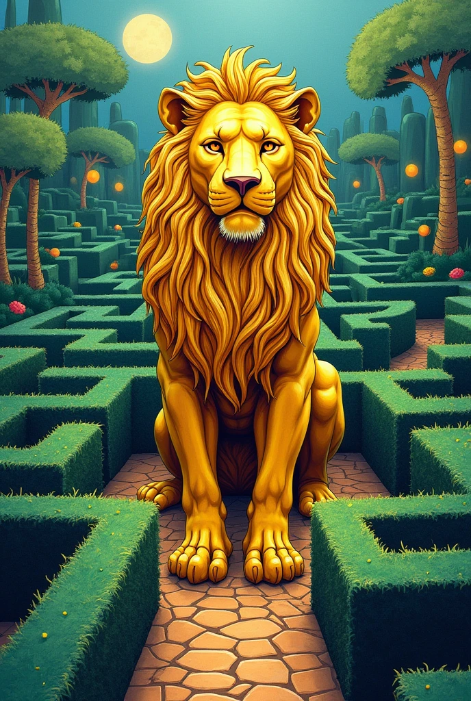 drawn in the form of a colored drawing, a golden statue of a lion in the center of a maze