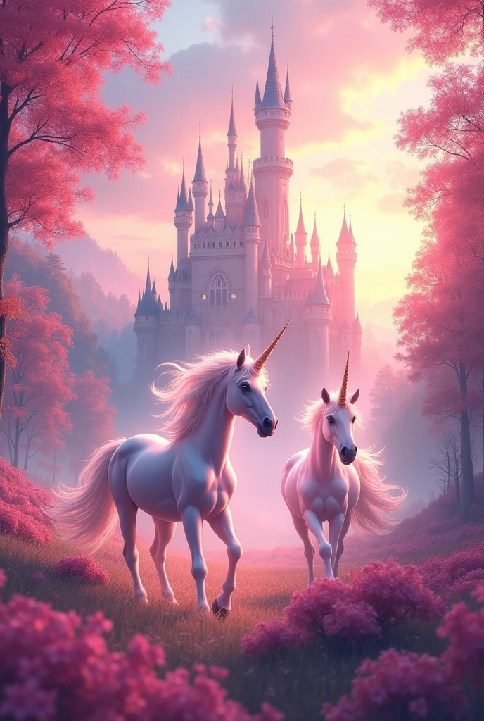 Unicorns with a castle in a very pink background
