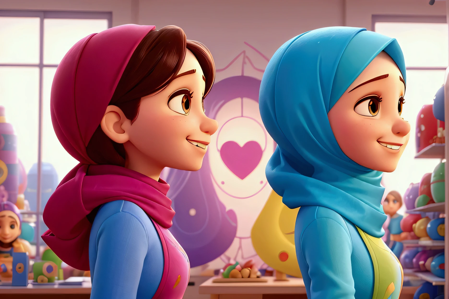 side view, two happy women, hijab wear, vibrant color, at mall in t-shirts store, pixar style
