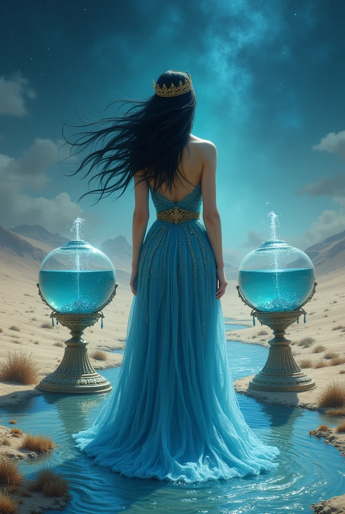 A woman with black hair from behind in a blue dress with an antique belt in the desert, stars in the sky and two antique aquariums gushing water on the floor and with a crown on her head and a dress with glitter and a river near her feet.