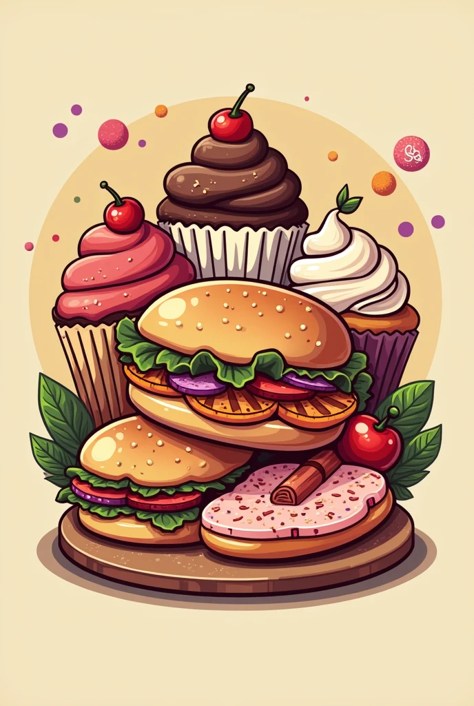 Create a logo for a food business where you sell sweet things like cupcakes,donuts and salty things like breads with meats that is a mix of food and that has the name A LAA!What a taste.      ENNN SPANISH s 

 