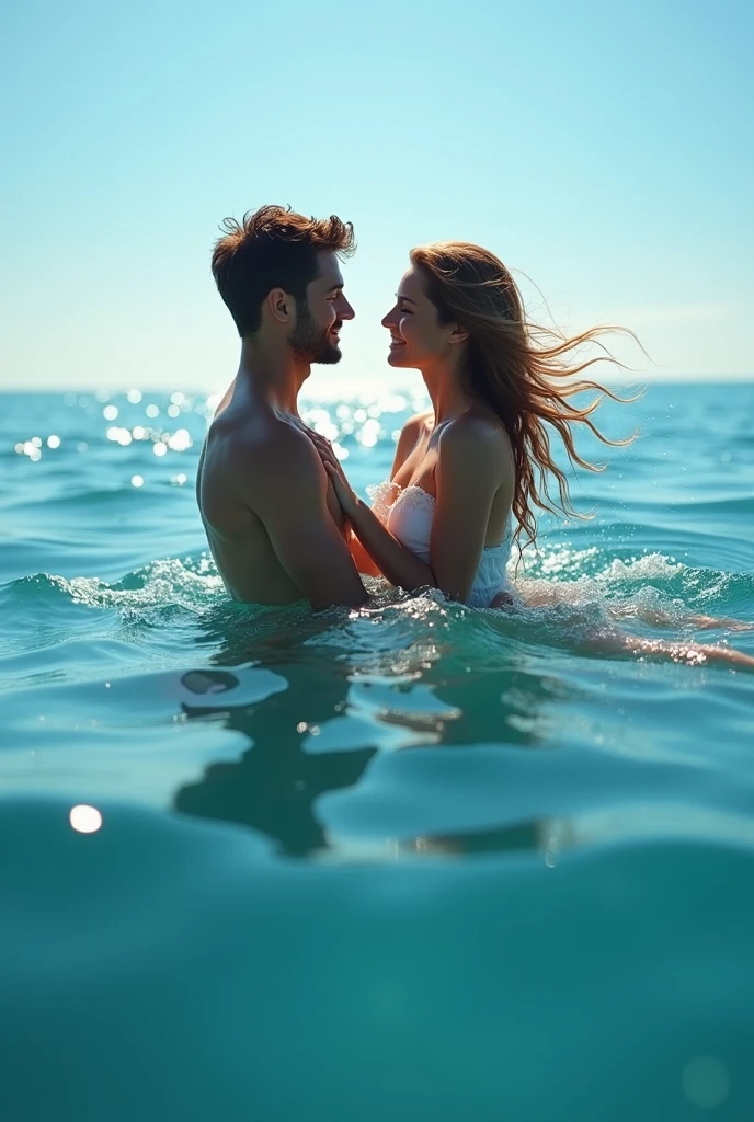 A Man Swims with His Girlfriend in the Sea