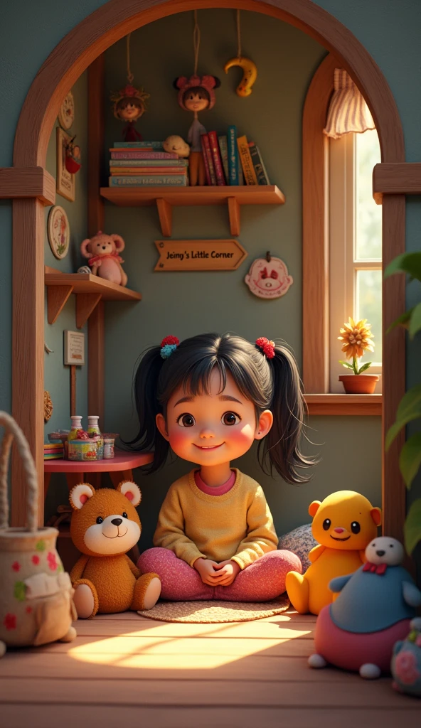 Girl inside the corner of a house with many toys around and a sign that says Jeimy&#39;s little corner 🥺