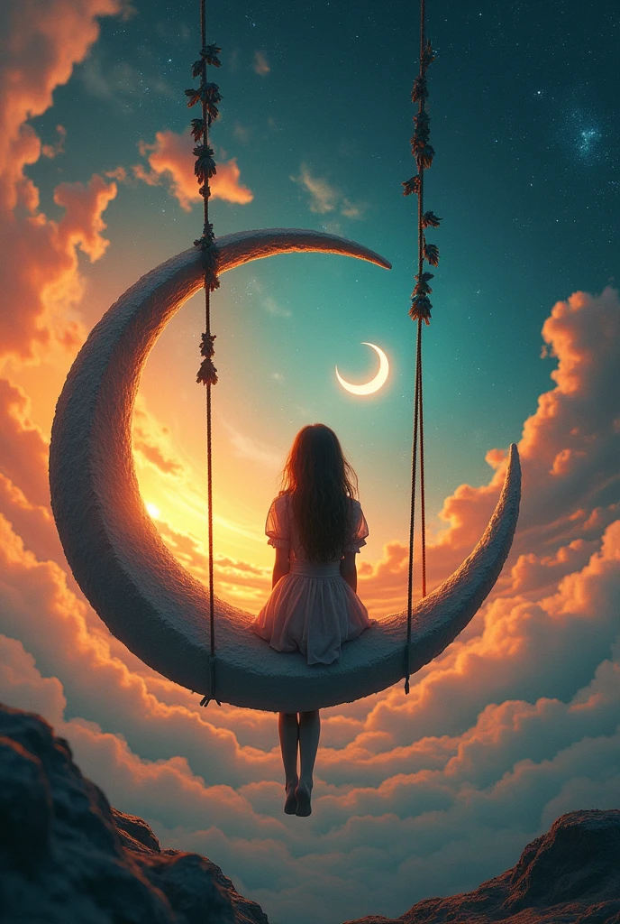 Double exposures, Girl sitting on a swing on a cresent moon, sunset, masterpiece, fine art, by Andreas Lie, Bojan Jevtic and Ashley Wood, spiraled world of dark and light, night and day, miniature crescent moon, night sky, surrounding clouds, realistic, whimsical, fantastic, Splash art, intricate detailed, hyperdetailed, maximalist, psychedelic, post-apocalyptic, photorealistic, concept art, dynamic lighting, sharp focus