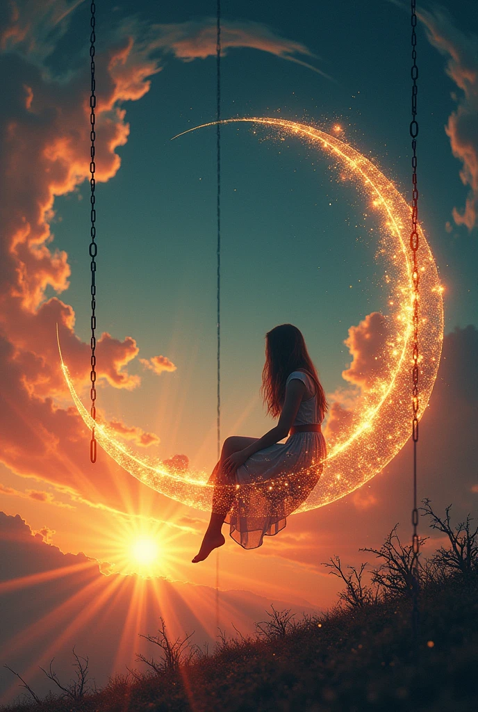 Double exposures, Girl sitting on a swing on a cresent moon, sunset, masterpiece, fine art, by Andreas Lie, Bojan Jevtic and Ashley Wood, spiraled world of dark and light, night and day, miniature crescent moon, night sky, surrounding clouds, realistic, whimsical, fantastic, Splash art, intricate detailed, hyperdetailed, maximalist, psychedelic, post-apocalyptic, photorealistic, concept art, dynamic lighting, sharp focus