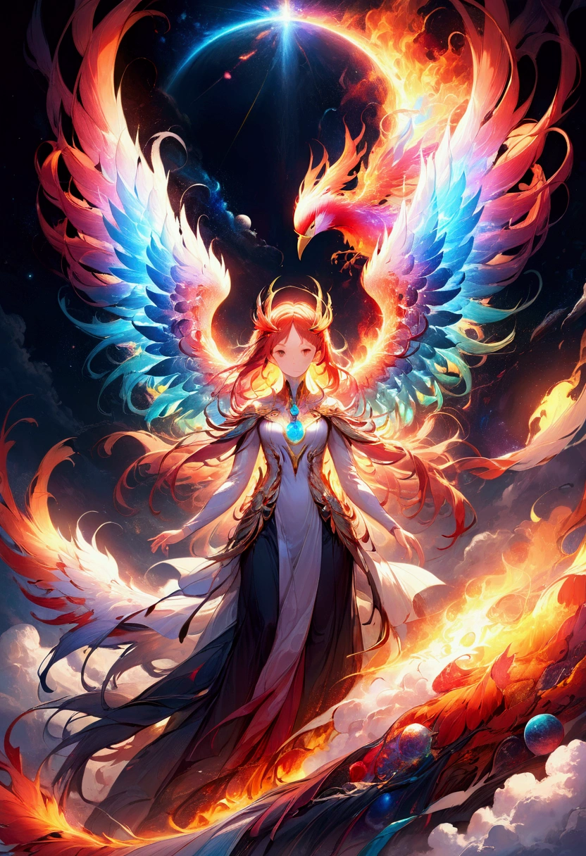 Phoenix, A Phoenix engulfed in cosmic energy floating in space with wings made of multicoloured fire, Epic cinematic brilliant stunning intricate meticulously detailed dramatic atmospheric maximalist digital matte painting, masterpiece, best quality, very aesthetic, absurdres