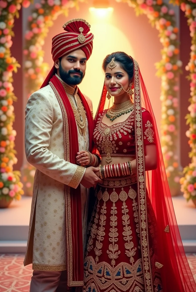 A girl wearing red wedding lehanga with matching jwellery. With a groom in white sherwani . They both stading on wedding stage. Boy has sherwani like Virat Kohli wedding servani