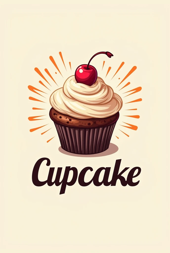 Create a cupcake logo where a cupcake appears with a flash effect like white rays on one side and create a name for it and implement it in the logo at the bottom