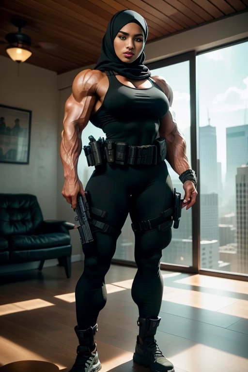 Photorealistic, high resolution, 1 malay woman in hijab, Solo, Hips up, Gaza background,view the viewer, (Detailed face), White hijab, SWAT vests, sniper rifle handle, Black military uniform, bulletproof vest, Holding an assault rifle, M16, Inside the city of Palestine, Very detailed, Perfect face, Black eye, jewelry, (full body view), Lifelike, masterpiece, HDR, 4K