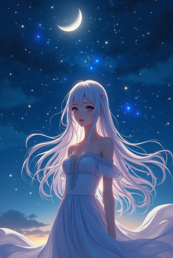 A beautiful anime girl standing under a starry night sky, long flowing hair, elegant dress, serene expression, moonlight shining on her face, (best quality,4k,8k,highres,masterpiece:1.2),ultra-detailed,(realistic,photorealistic,photo-realistic:1.37),extremely detailed eyes and face,longeyelashes,1girl,fantasy,night sky,stars,moonlight,detailed background,vibrant colors,cinematic lighting