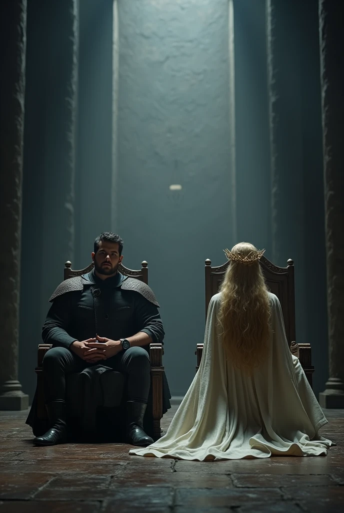 A strong 30 year old man, brawny, shorth hair, Jhon snow style, sitting on a throne in a dark hall, ((with a wooden crown,)) next to him a 20 year old girl, blonde like golden threads, face angelica sitting on another throne with a crown of bones Sansa Stark style The man wears a wooden crown.
They look forward 