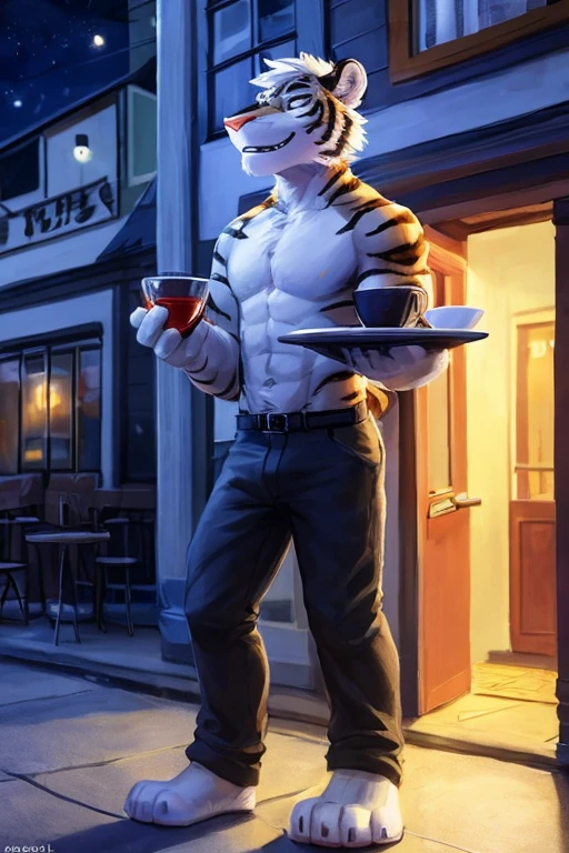 (((outside of a small Cafe  standing outside the front door at night yime,the waiter is a light gray tiger shark with white hair male standing up with big muscle, An artwork,))), big chest wearing clothing , day, , sensual, detailed, uploaded to e621, beautiful and detailed portrait of an anthropomorphic , (((male))) uploaded to e621, zaush, foxovh, movie lighting, thicc, alone, movie cover, detailed, 8k res, hires, detailed eyes, good anatomy, good perspective, towards viewer, by bebebebebe, by sicklyhypnos, by gerkk, by orf, nice hands, perfect hands, happy, romantic, ray tracing lighting, rtx on