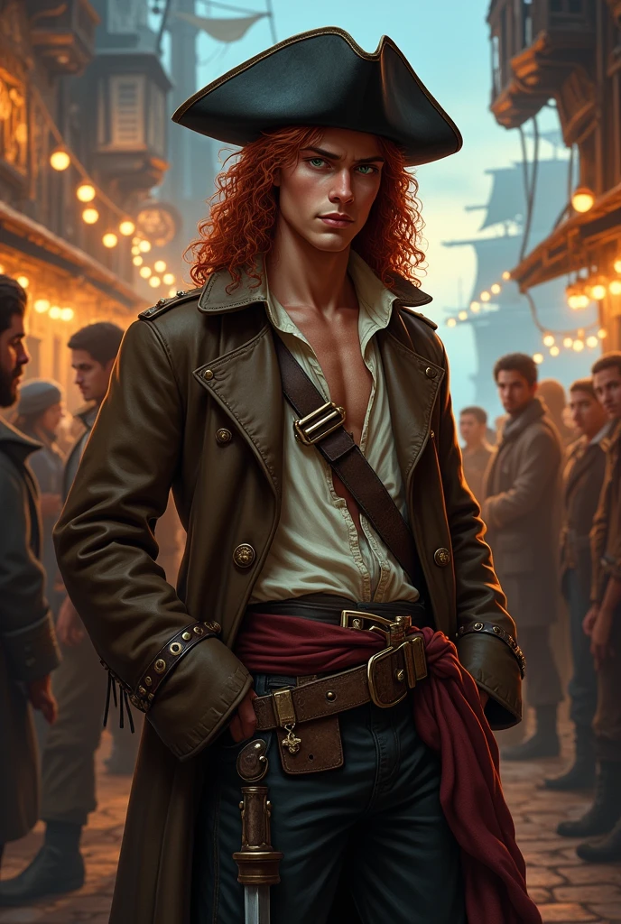 A young pirate, full body DnD style. A pirate, with long, curly dark red hair, and dark green eyes. He wears a brown pirate trench coat with a light unbuttoned shirt and a damaged vest., on his head an old damaged black leather hat. Around his waist he wears a sash with a belt and two pirate cutlasses on top.. He is having fun drinking with a cheerful look together with other young sailors in the pub while in the background there are various ships of a pirate port.
