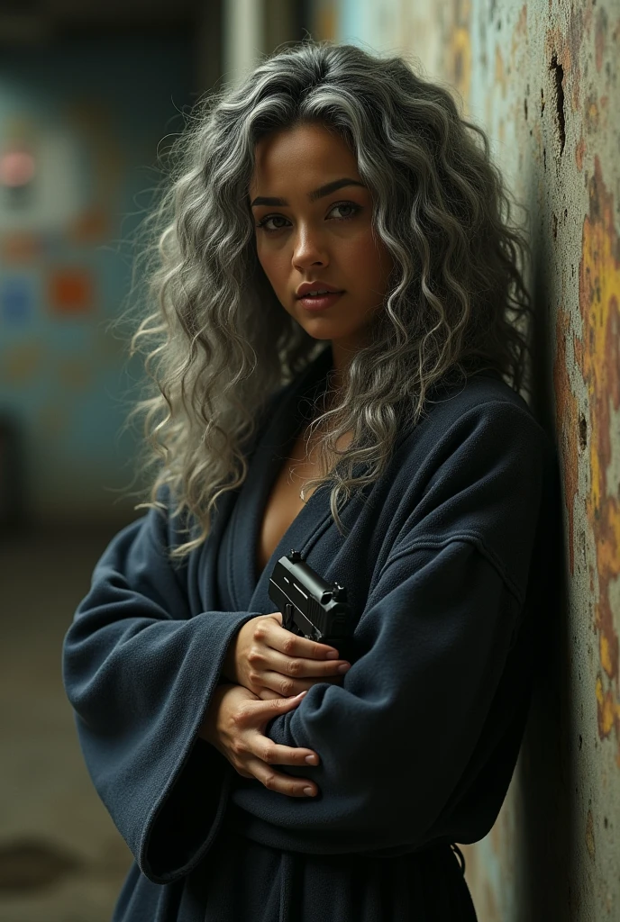 A beautiful youthful looking Filipino version of Ariana Grande as a 50 years old woman with long curly completely gray hair as the superhero Daisy Johnson from Agents of S.H.I.E.L.D wearing a bathrobe leaning on a wall hold a gun in her hands pointing it at another woman protect a young man behind her