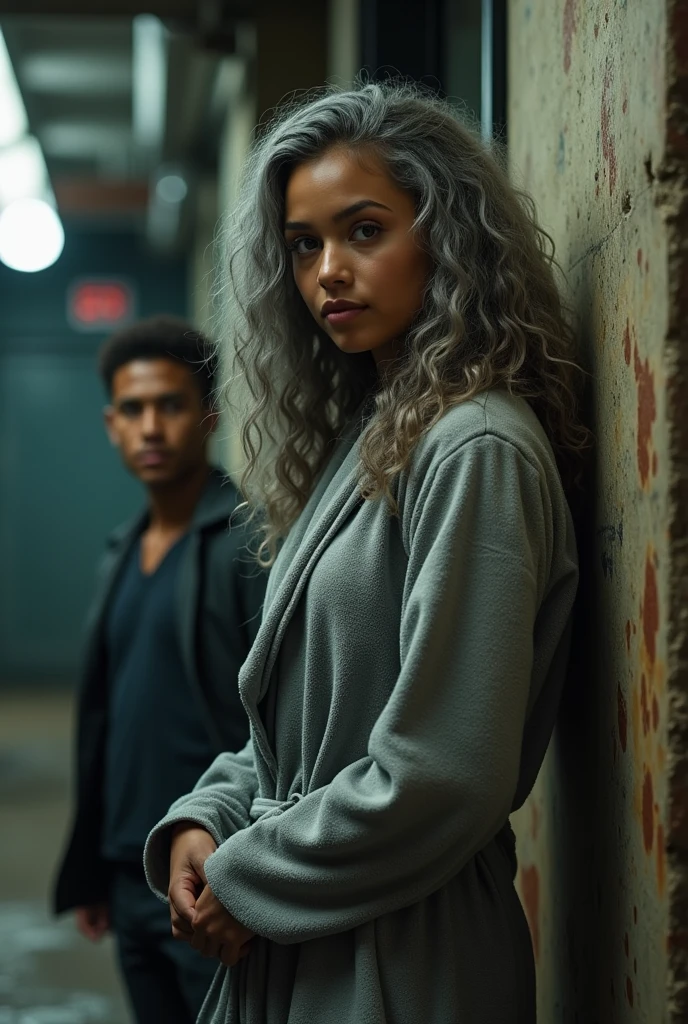 A beautiful youthful looking Filipino version of Ariana Grande as a 50 years old woman with long curly completely gray hair as the superhero Daisy Johnson from Agents of S.H.I.E.L.D wearing a bathrobe leaning on a wall hold a gun in her hands pointing it at another woman protect a young man behind her