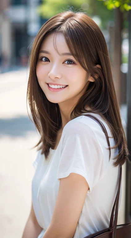 Happy smile seeing this、In the city、(Highest quality,8K quality,masterpiece:1.3,),(Ultra-high resolution:1.3,Realistic:1.4,RAW Photos:1.2),(Very detailed:1.2,Glowing Skin,Detailed skin:1.1),(Detailed face,Perfect Anatomy,Caustics:1.2),,1 person,cute,Japanese,1,Japanese Ido,Brown Hair, [(Brown to blonde gradation:1.5):0.8], Long Hair,cute目,Natural Makeup,bright casual clothes,Laughter,Looking into the camera,On the face,Face Focus,Professional Lighting,Natural soft light,