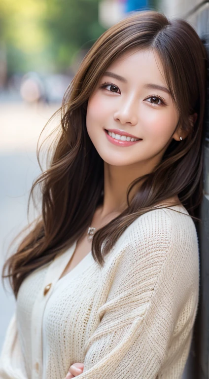 Happy smile seeing this、In the city、(Highest quality,8K quality,masterpiece:1.3,),(Ultra-high resolution:1.3,Realistic:1.4,RAW Photos:1.2),(Very detailed:1.2,Glowing Skin,Detailed skin:1.1),(Detailed face,Perfect ???????,Caustics:1.2),,1 person,cute,Japanese,1,Japanese Ido,Brown Hair, [(Brown to blonde gradation:1.5):0.8], Long Hair,cute目,Natural Makeup,bright casual clothes,Laughter,Looking into the camera,On the face,Face Focus,Professional Lighting,Natural soft light,