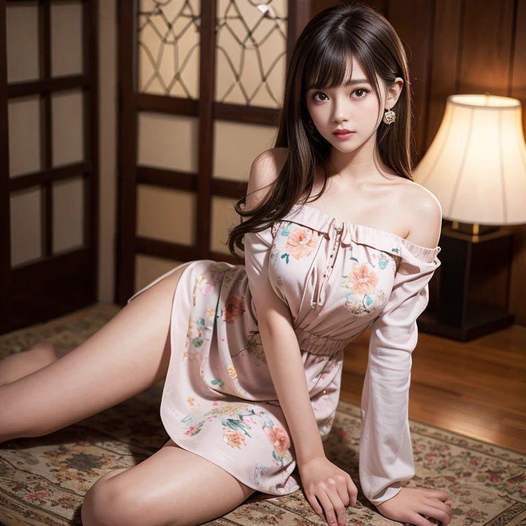 travel scenery photos，Wear Thai floral dress，1 female, On the face, light brown hair, blunt bangs, hair behind ears, Shoulder-length hair, long hair, Slender body type, 超face slimming型, face slimming, delicate lips, beautiful eyes, Thin blush, Eyes are light brown,View here, (actual:1.3), One person's perspective, 8k, Super detailed, high quality, best quality, High resolution，2,above knee shot