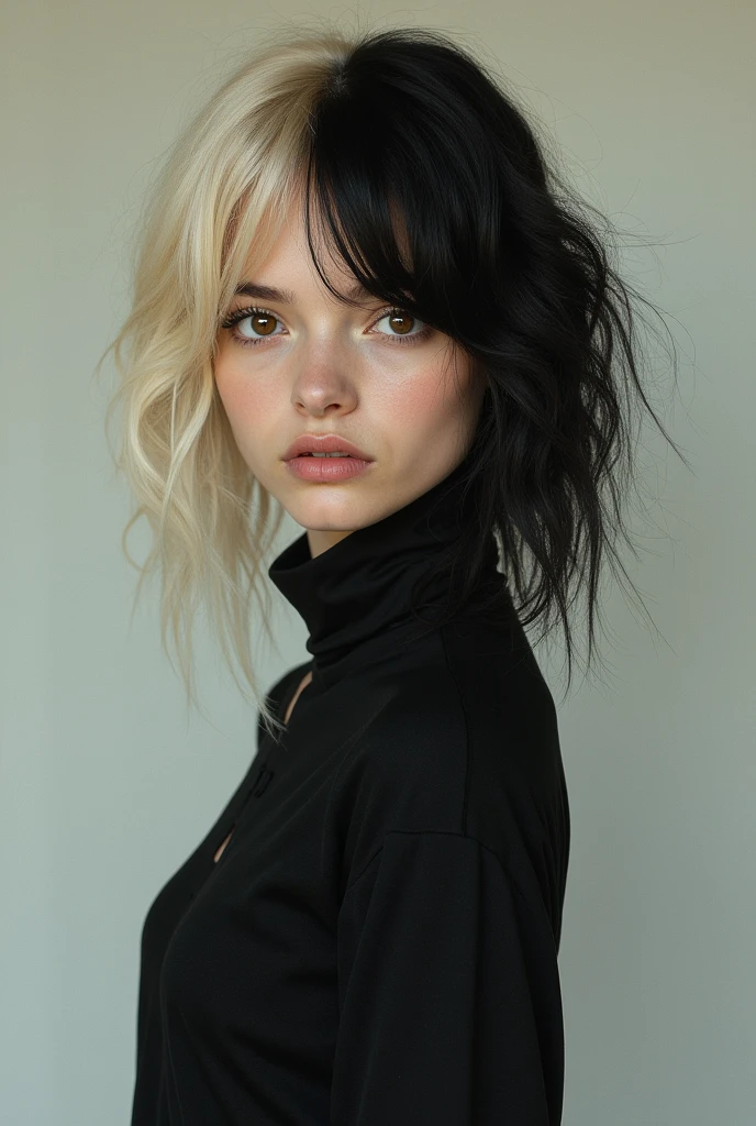1 girl, half blonde with long hair and half black hair with very short hair with brown eyes that looks full-length and thin