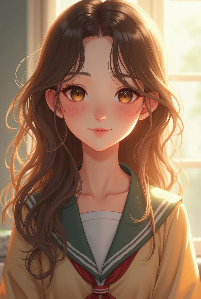 1 girl, pale ivory color skin tone, amber eyes, round shaped beautiful eye, long wavy hair, feminine jawline, slender like body, beautiful smile, beautiful girl, wearing school uniform