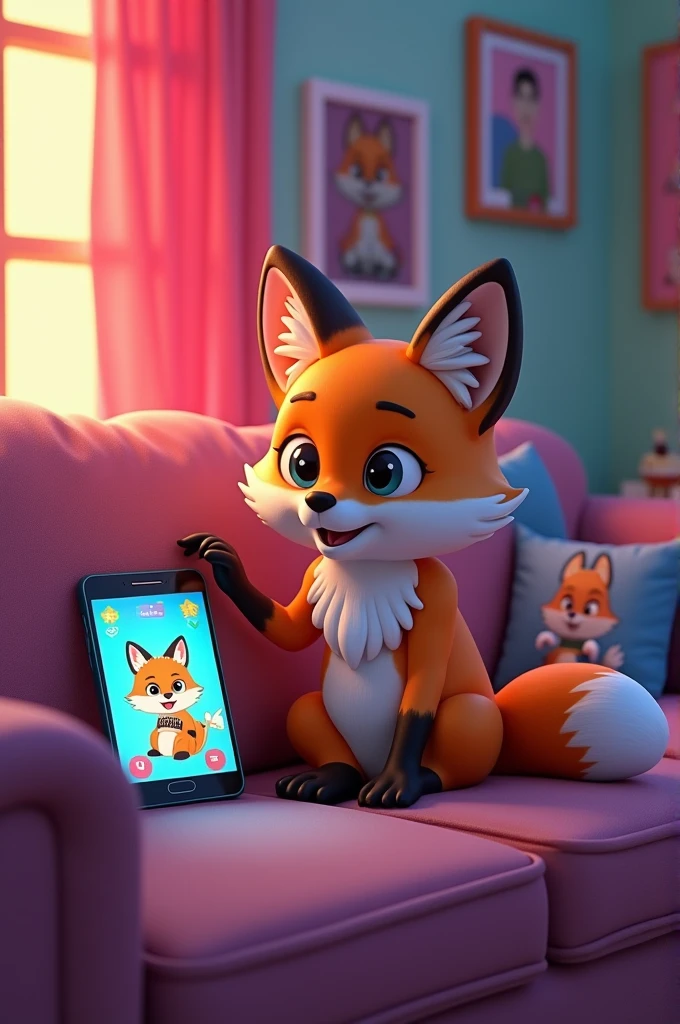fox tijoy from tik tok memes, who sits on a couch with a print of the streamer mellstroy, and the fox looks at the phone that is lying on the couch and which has a hamster from the game Hamster Combat on it